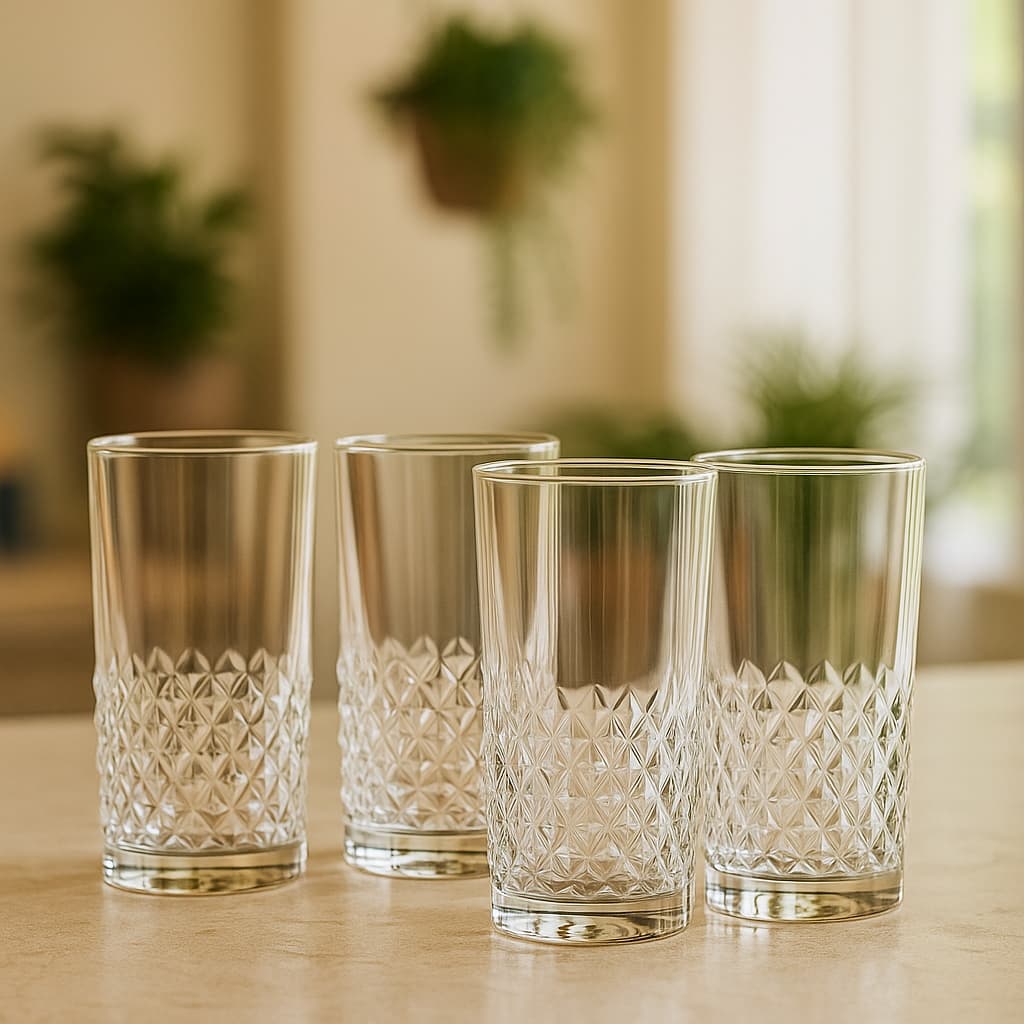 Set de 4 vasos Oracle de vidrio transparente 484 ml diseño rombos