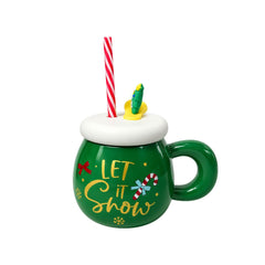 Pocillo navideño rojo de 500 ml con tapa blanca y figura de Papá Noel.