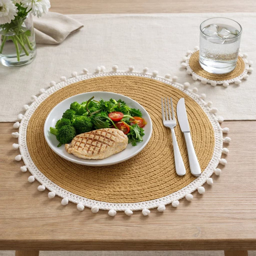 Set x2 Individual Con Portavaso Tejido Mimbre Marrón Con Borlas