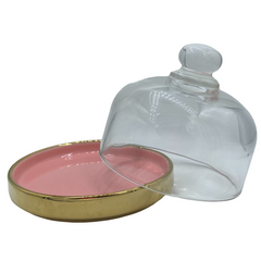 Plato Postrero Rosa Con Tapa Vidrio Grande