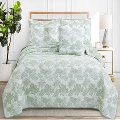 Edredón Jacquard color blanco con diseño floral verde jade y dos fundas decorativas
