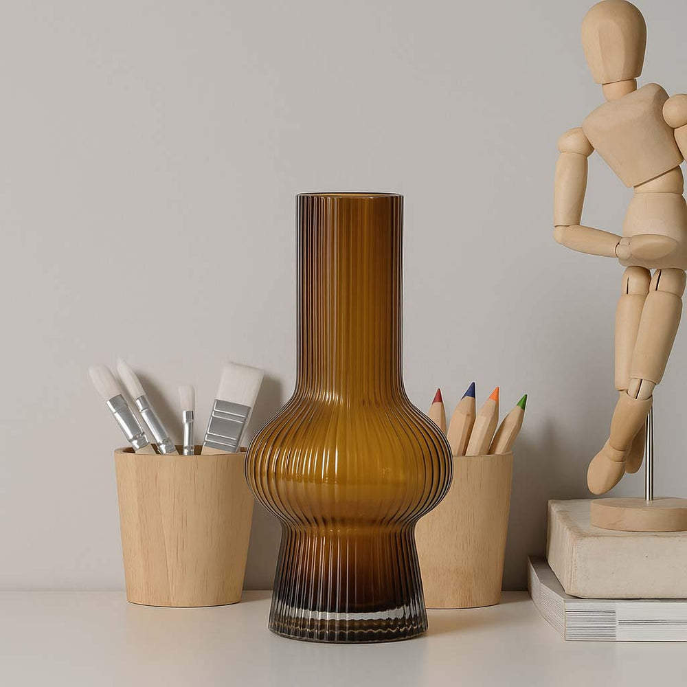 Florero Cristal Tipo Probeta Líneas Verticales Amarillo