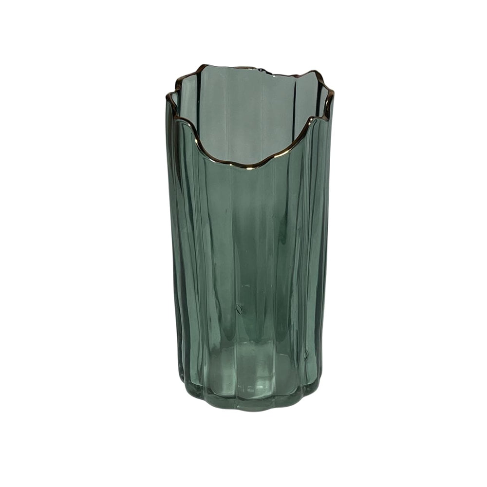 Florero De Cristal Con Líneas Verticales y Borde Dorado