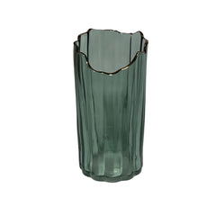 Florero De Cristal Con Líneas Verticales y Borde Dorado