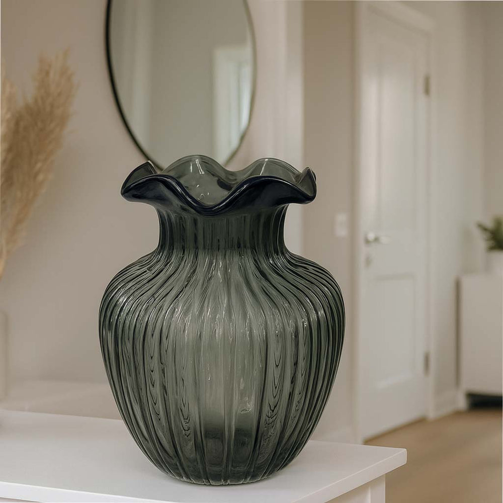 Florero Cristal Diseño Líneas Verticales Verde Oliva