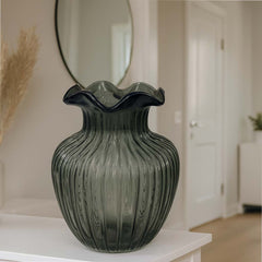 Florero Cristal Diseño Líneas Verticales Verde Oliva