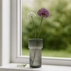 Florero Cristal Tipo Vaso Líneas Verticales Verde Oliva