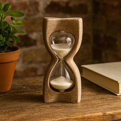 Reloj de arena decorativo moderno con base gris escultórica