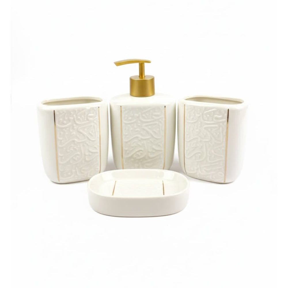 Set de baño de cerámica blanco con diseño de mármol y bomba dorada