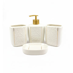 Set de baño de cerámica blanco con diseño de mármol y bomba dorada