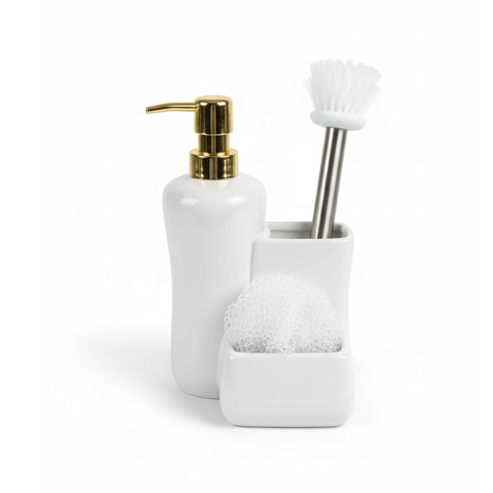Dispensador con esponja y cepillo en soporte de cerámica moderna