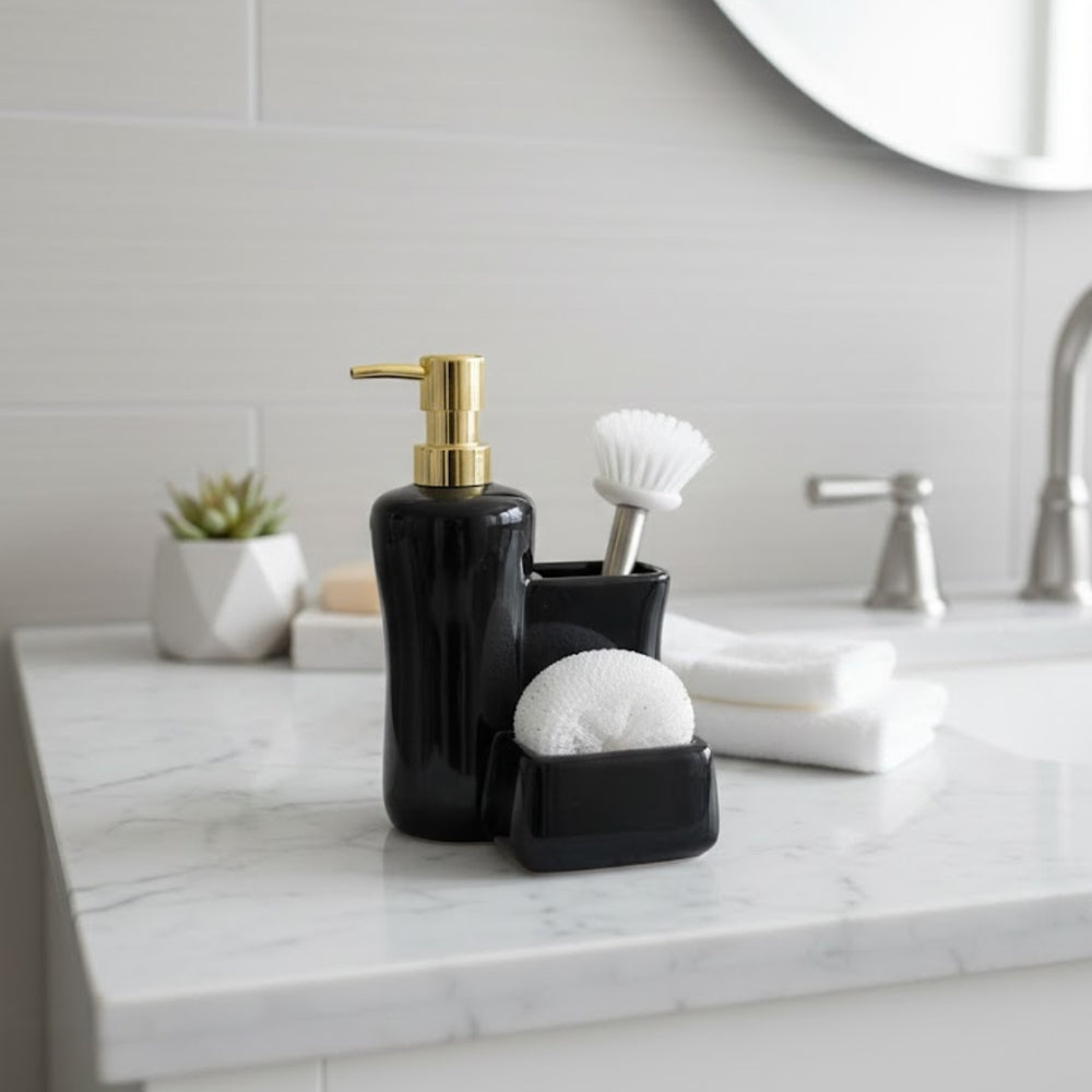 Set de limpieza de 4 piezas en cerámica con dispensador de jabón, escobilla, esponja y soporte - colores blanco, gris, marrón y negro