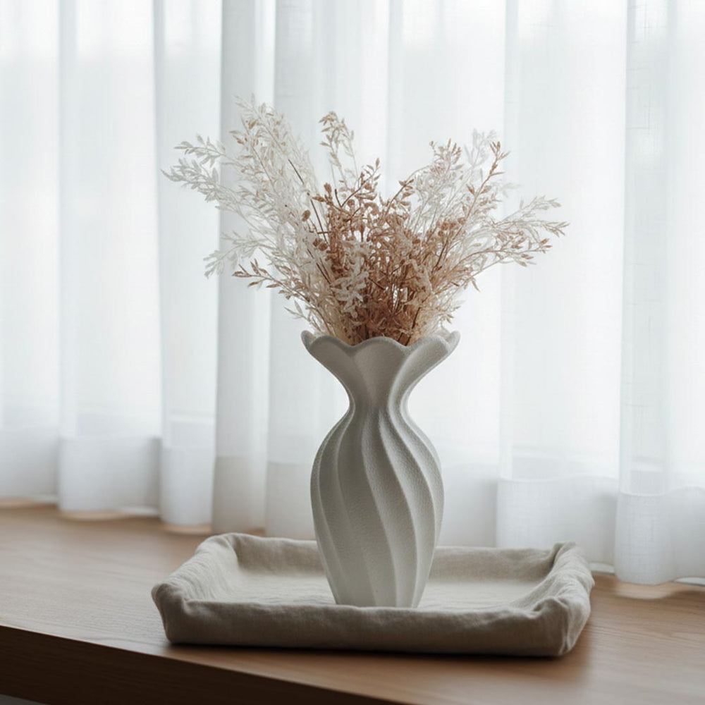 Florero De Cerámica Tipo Botella Blanco Con Líneas Textura