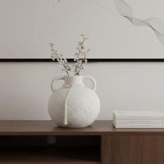 Florero De Cerámica Tipo Jarra Blanco Con Dos Asas y Detalle De Perlas