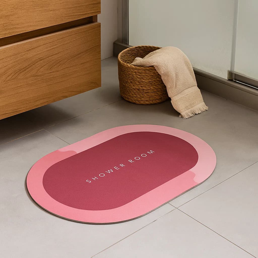 Tapete de baño ovalado 40×60 cm rosa “SHOWER ROOM” vista frontal