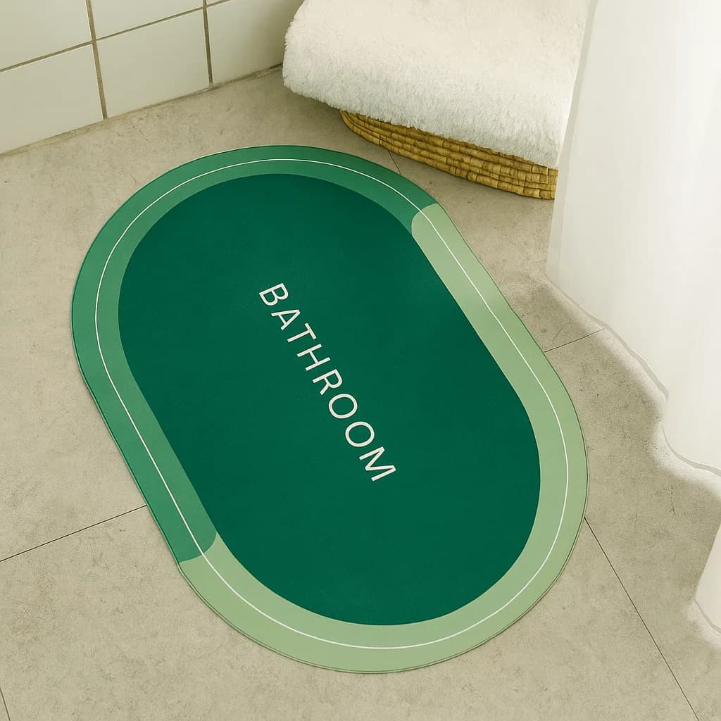 Tapete de baño ovalado verde “BATHROOM” 40×60 cm vista frontal