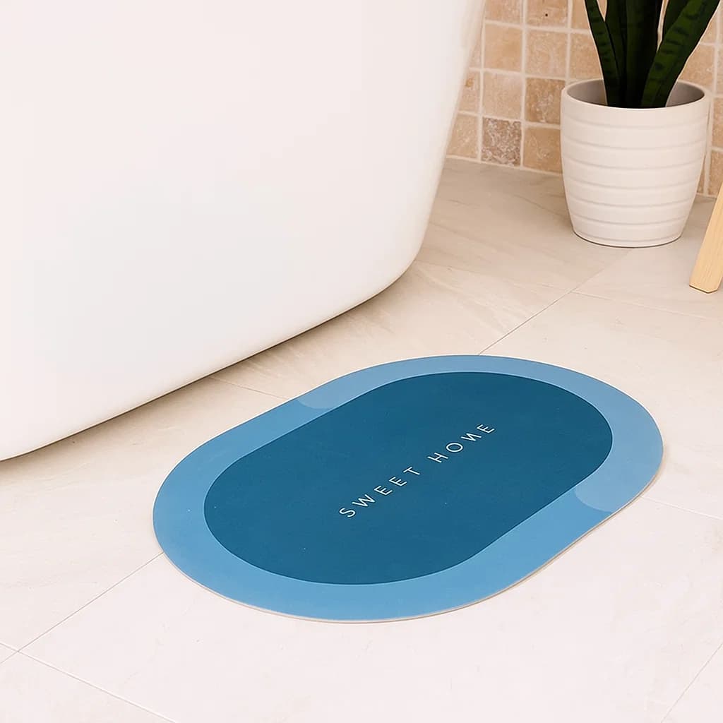 Tapete de baño ovalado azul 40×60 cm “SWEET HOME” vista frontal