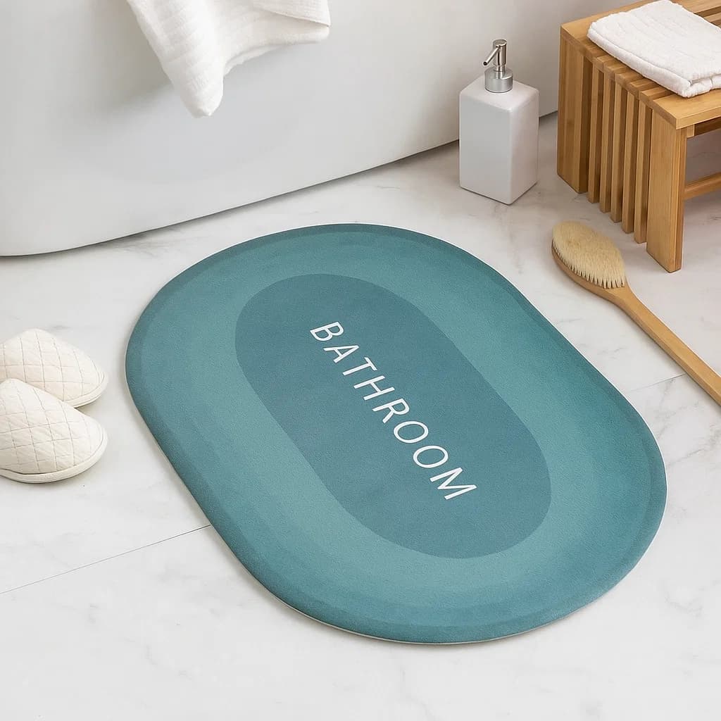 Tapete de baño ovalado verde oscuro 40×60 cm “BATHROOM” vista frontal