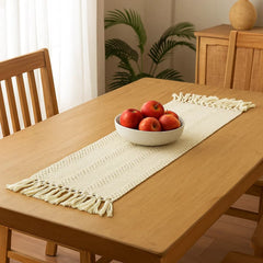 Camino De Mesa Tejido Abierto Con Flecos Beige