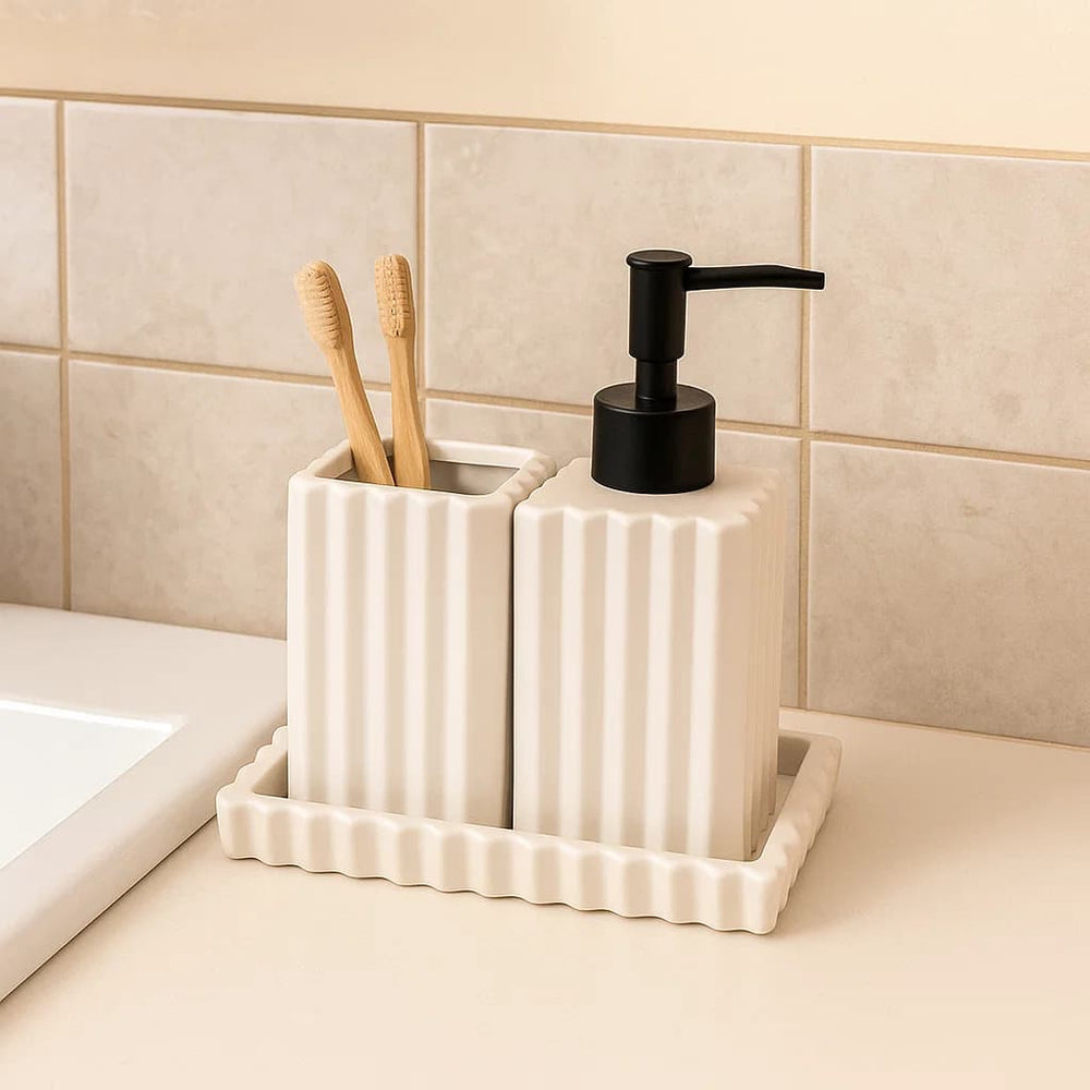 set de baño blanco de cerámica 3 piezas con líneas verticales