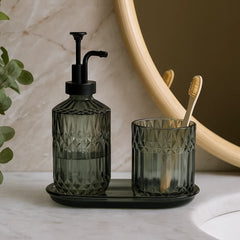 Set de baño 3 piezas diseño rombos azul oscuro en vidrio