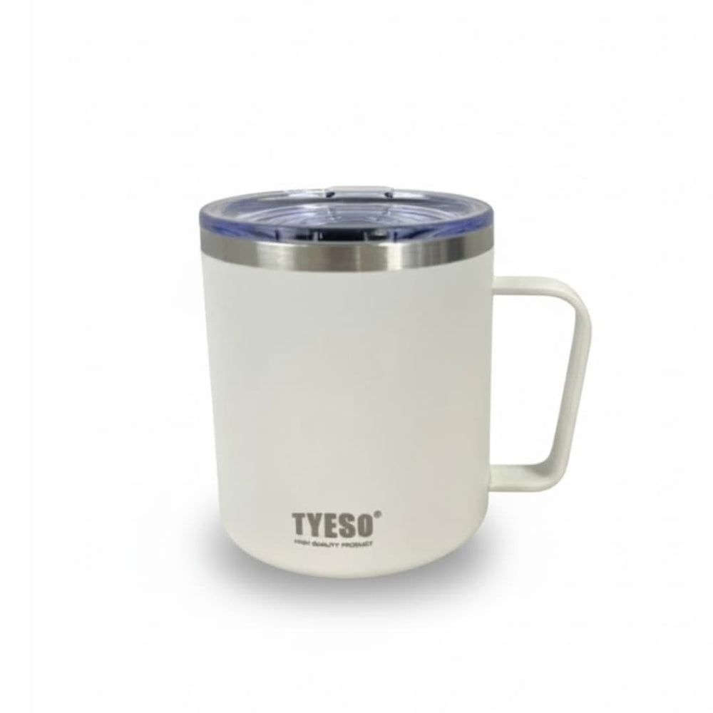 Taza blanca térmica con diseño moderno y tapa segura