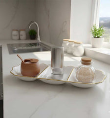 Bandeja Decorativa Blanca Con Borde Dorado 13x37cm 3 Divisiones