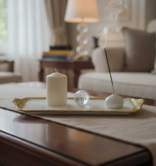 Bandeja Decorativa Rectangular 15x36cm Detalle Acanelado y Borde Dorado