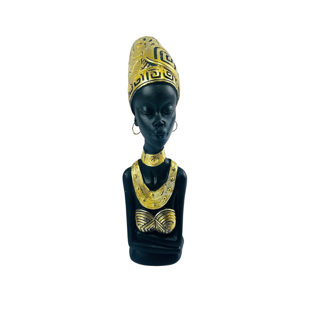 Figura decorativa mujer africana con turbante dorado
