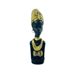 Figura decorativa mujer africana con turbante dorado
