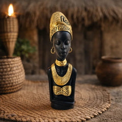 Figura decorativa mujer africana con turbante negro y dorado