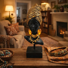 Figura decorativa busto mujer africana con turbante y collar dorado