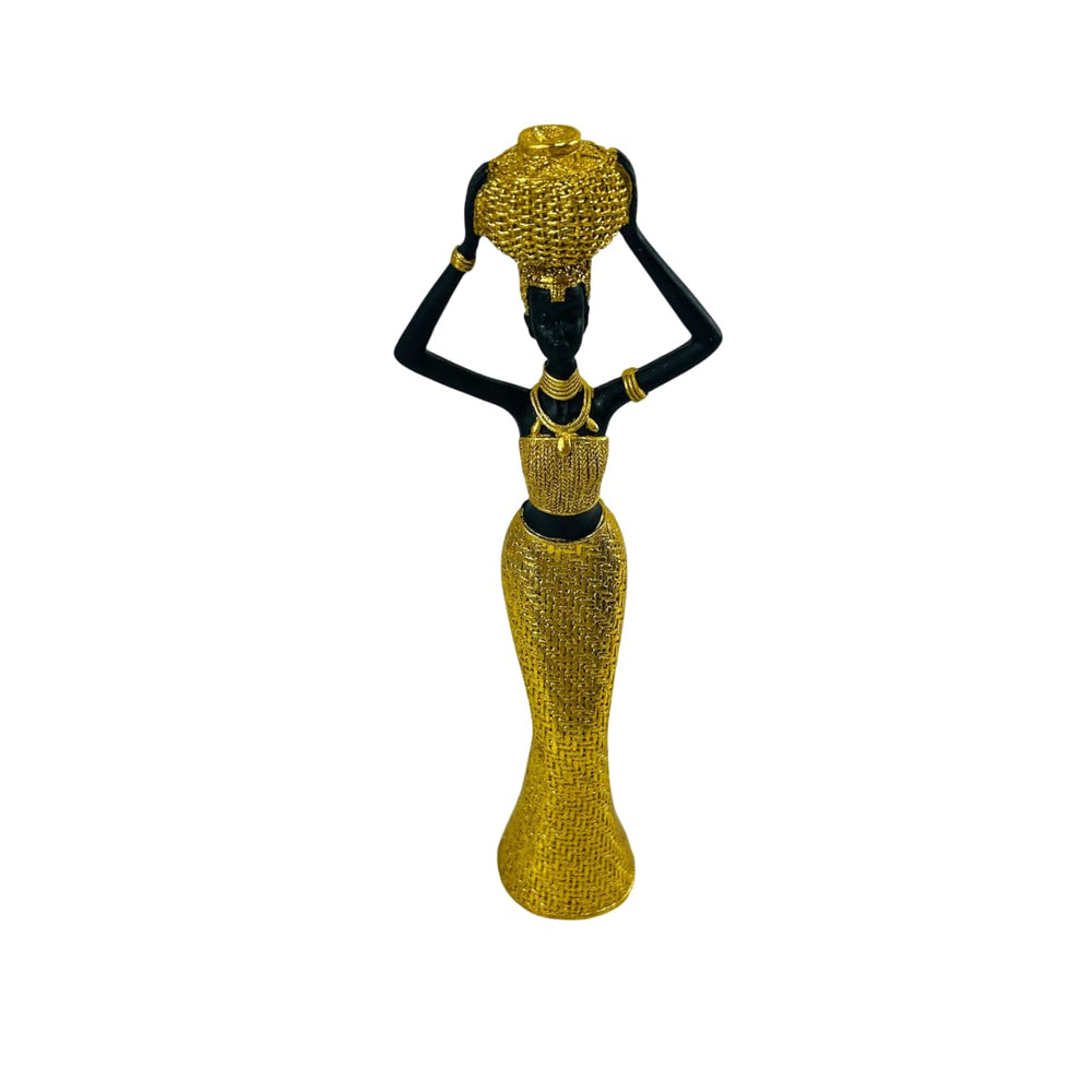 Figura decorativa africana mujer con jarrón dorado
