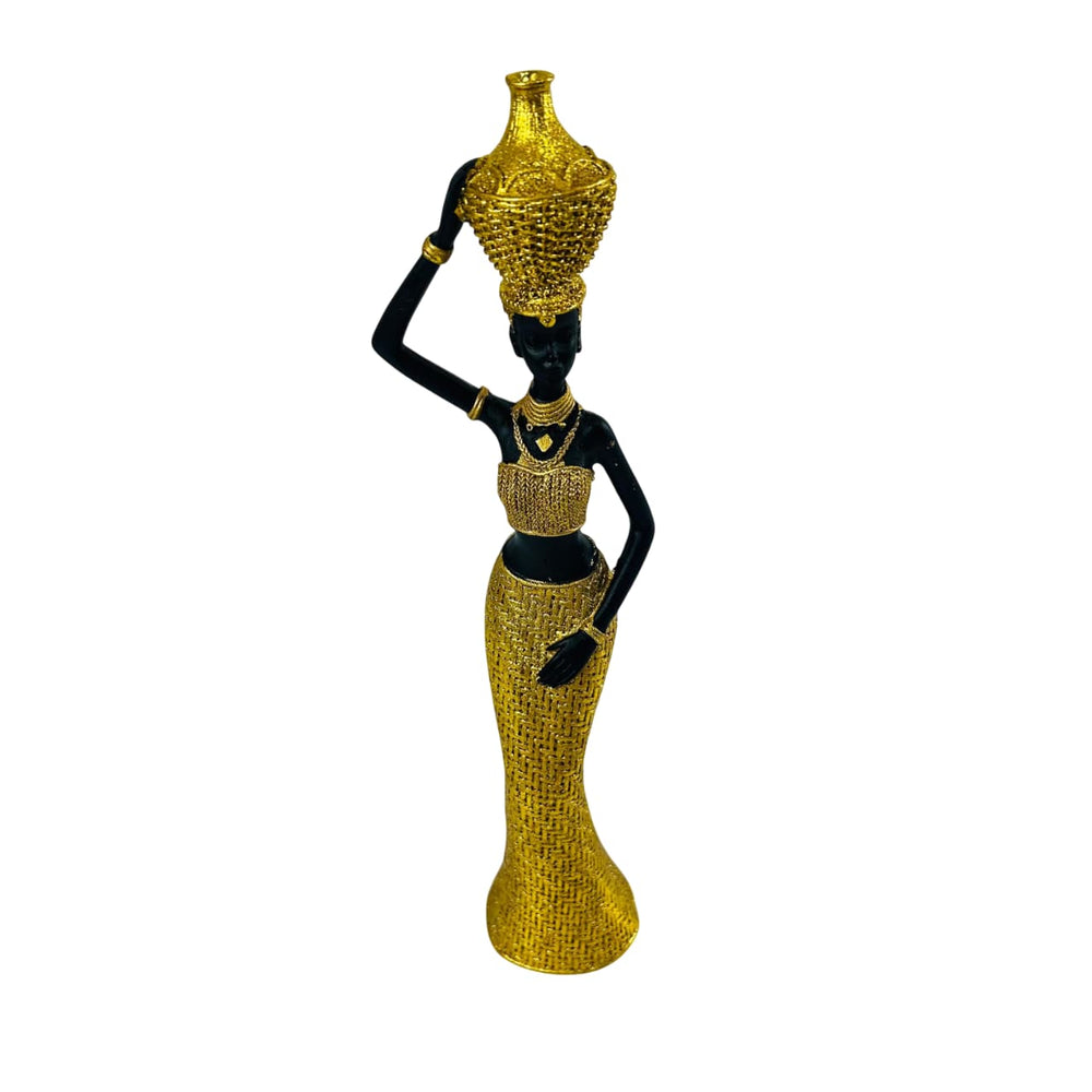 Figura decorativa africana mujer con jarrón dorado
