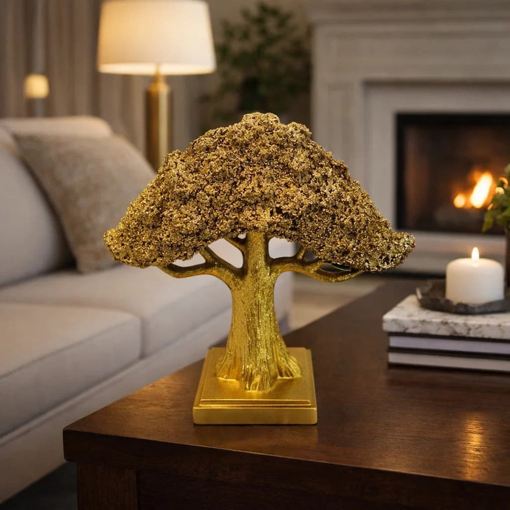 Escultura decorativa árbol de la vida dorado con base dorada