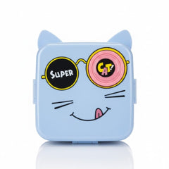 Vista frontal de lonchera escolar con diseño de gato