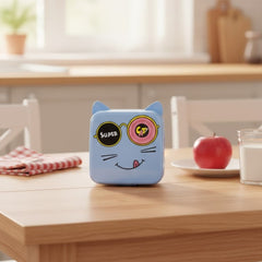 Lonchera infantil con diseño de gato en azul, rosa y verde menta