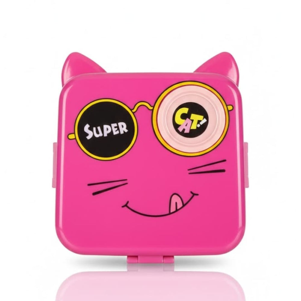 Lonchera infantil con gato azul y detalles rosa y verde menta