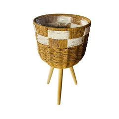 Matera Redonda Tejida Diseño Cuadros Bicolor Con Soporte En Madera