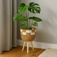 Matera Redonda Tejida Diseño Cuadros Bicolor Con Soporte En Madera