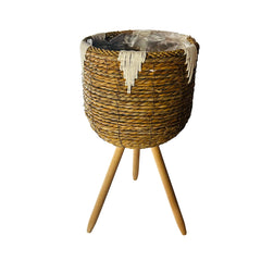 Matera Redonda Tejida Con Detalle Blanco y Soporte En Madera