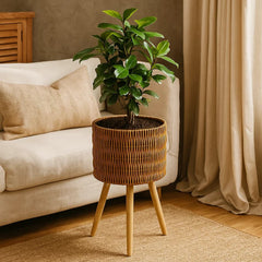 Matera Redonda Tejida Con Soporte En Madera