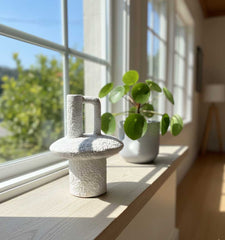 Florero De Cerámica Rustico Con Asa Escultórica Circular 20x13cm