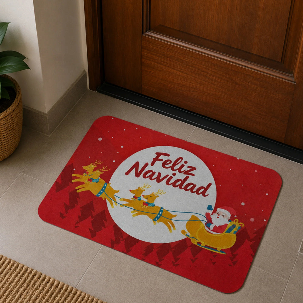 Alfombra de Navidad 40×60 cm roja con diseño de Santa en trineo y renos