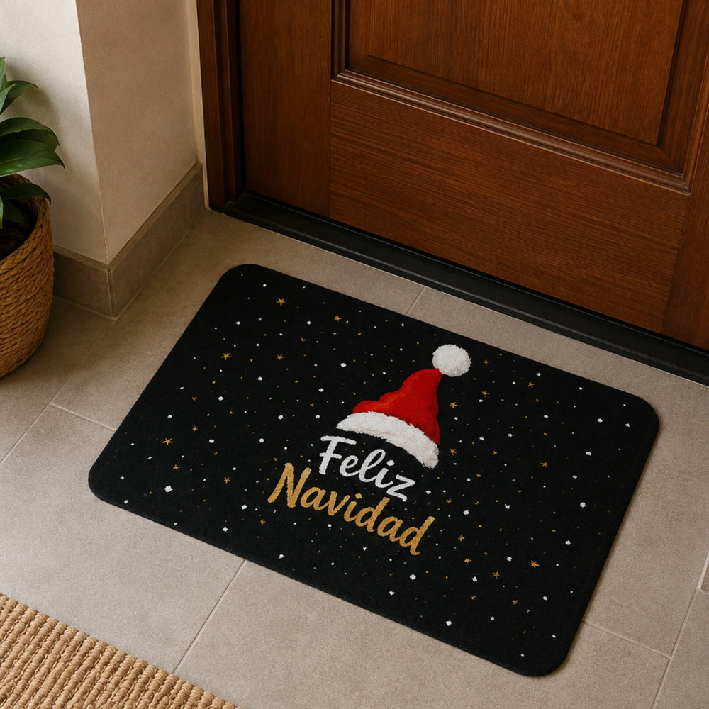 Tapete decorativo Feliz Navidad negro 40×60 cm con gorro navideño rojo