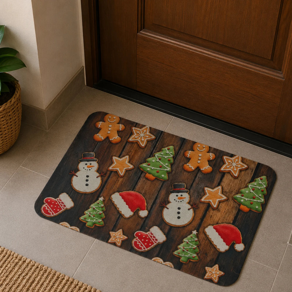 Tapete decorativo navideño 40×60 cm con galletas, muñecos de nieve y árboles