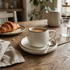 Set de plato con pocillo en porcelana 100 ml blanco con borde marrón