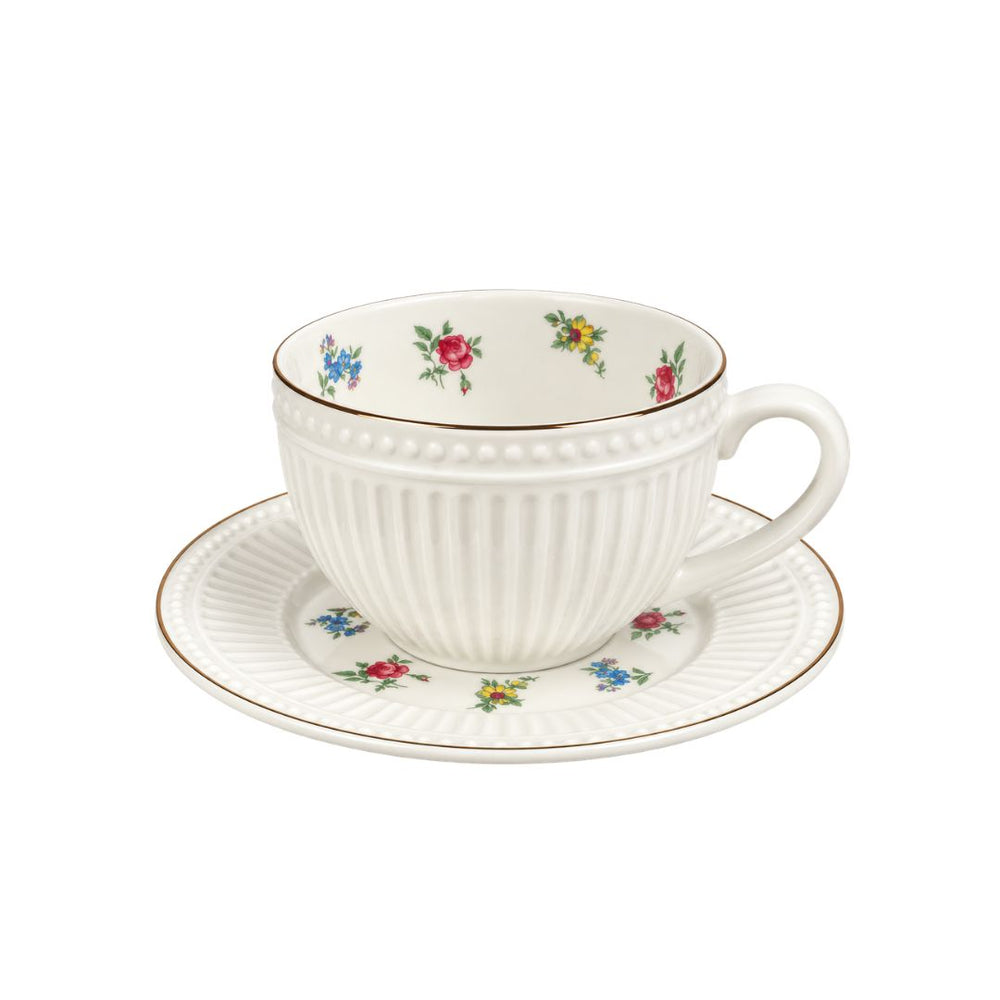 Set de pocillo y plato en porcelana con flores multicolor