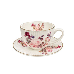 Set de té en porcelana con pocillo de 120 ml y plato diseño rayas y flores