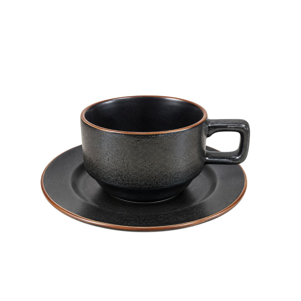 Set de 6 pocillos de porcelana negro con borde marrón de 120 ml y platos